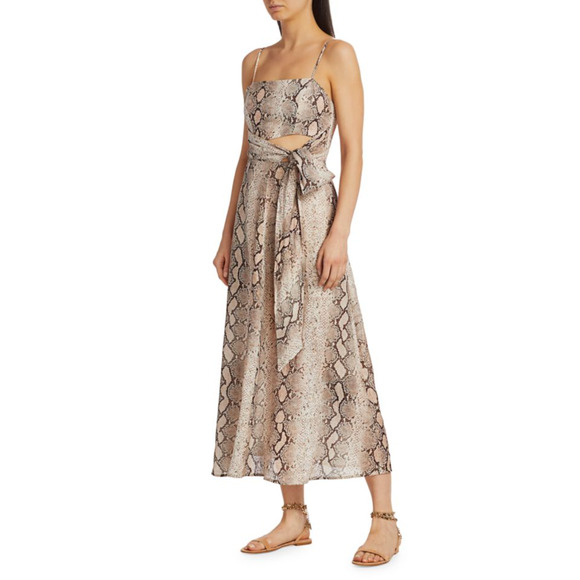 Zimmermann 3 Bellitude $640 LINEN Python Snake Print Midi Dress Neutral Tan 10 L - Picture 11 of 16